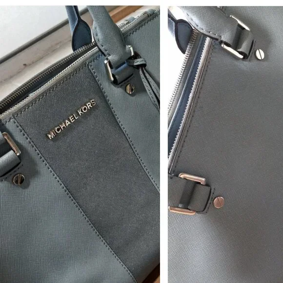 👉LAST CHANCE‼️ Michael Kors Sutton Metallic Silver Stripe Saffiano Satchel - Picture 8 of 16